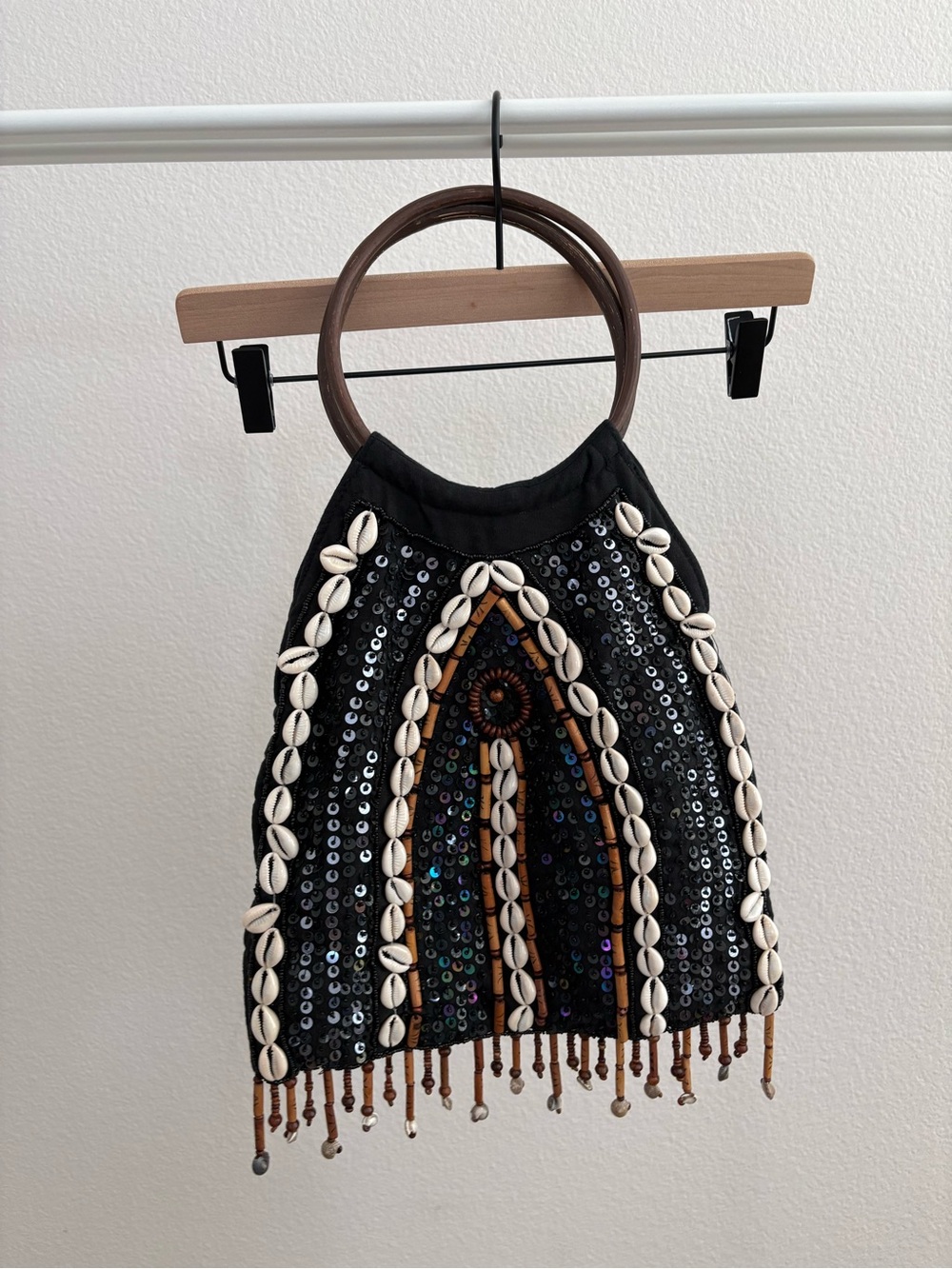 Vintage beaded cloth bag with wooden handle